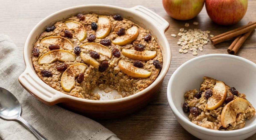 Bowl of warm baked apple cinnamon oatmeal topped with apple slices and raisins.