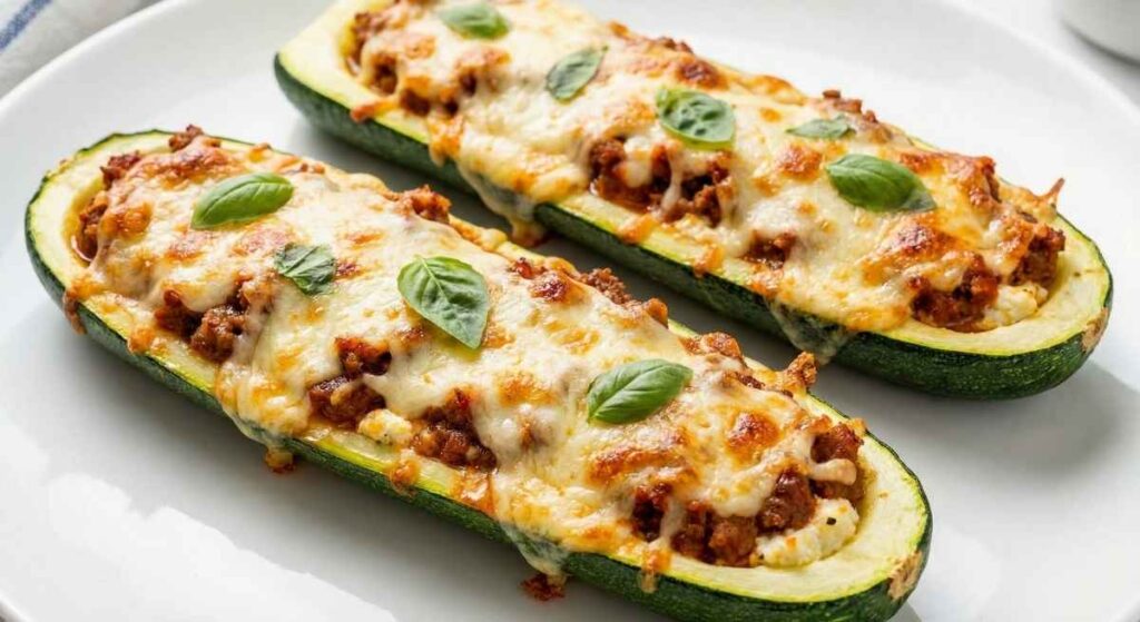 Close-up of baked zucchini boats stuffed with ground beef marinara sauce, topped with bubbly melted mozzarella cheese and fresh basil leaves on a wooden table.