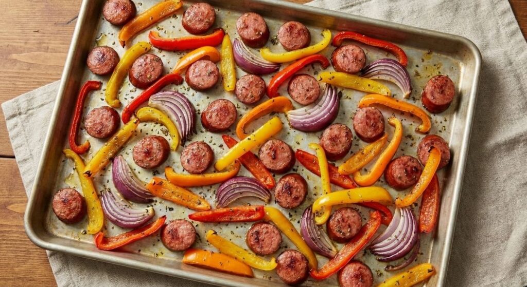A large metal baking sheet filled with roasted sliced sausage rounds, red and yellow bell peppers, and red onions, fresh out of the oven.