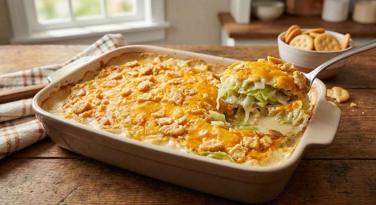Golden brown Brenda Gantt cabbage casserole in a baking dish topped with melted cheddar cheese and crushed Ritz crackers, with a spoon serving a creamy portion.