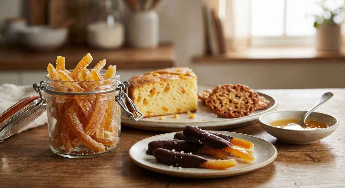 A rustic spread of candied orange peel desserts, including a jar of sugared peels, dark chocolate-dipped orangettes with sea salt, an orange ricotta cake slice, and lace cookies on a wooden table.