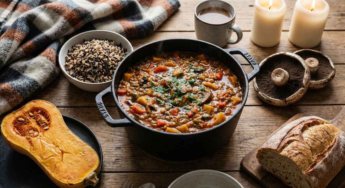 A cozy winter dinner idea vegetarian style, featuring a cast iron pot filled with hearty lentil and vegetable stew, surrounded by roasted butternut squash, wild rice, mushrooms, crusty bread, and candles on a rustic wooden table.