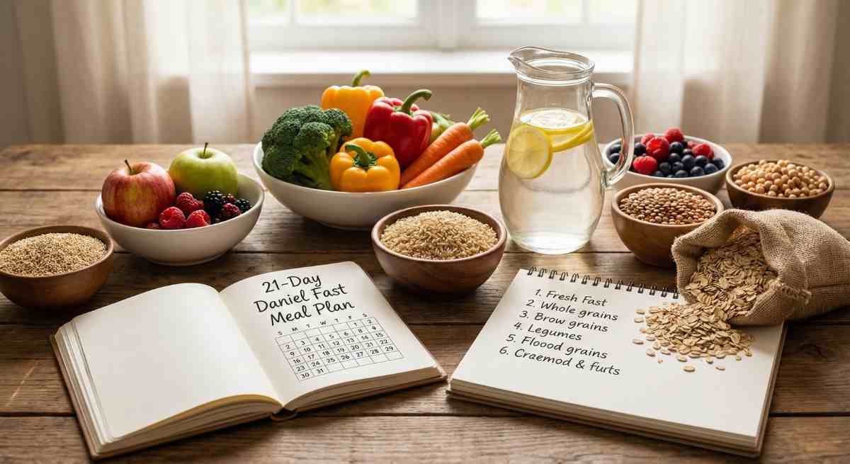 Daniel fast recipes 21 day meal plan featuring fresh vegetables, whole grains, and a planning notebook