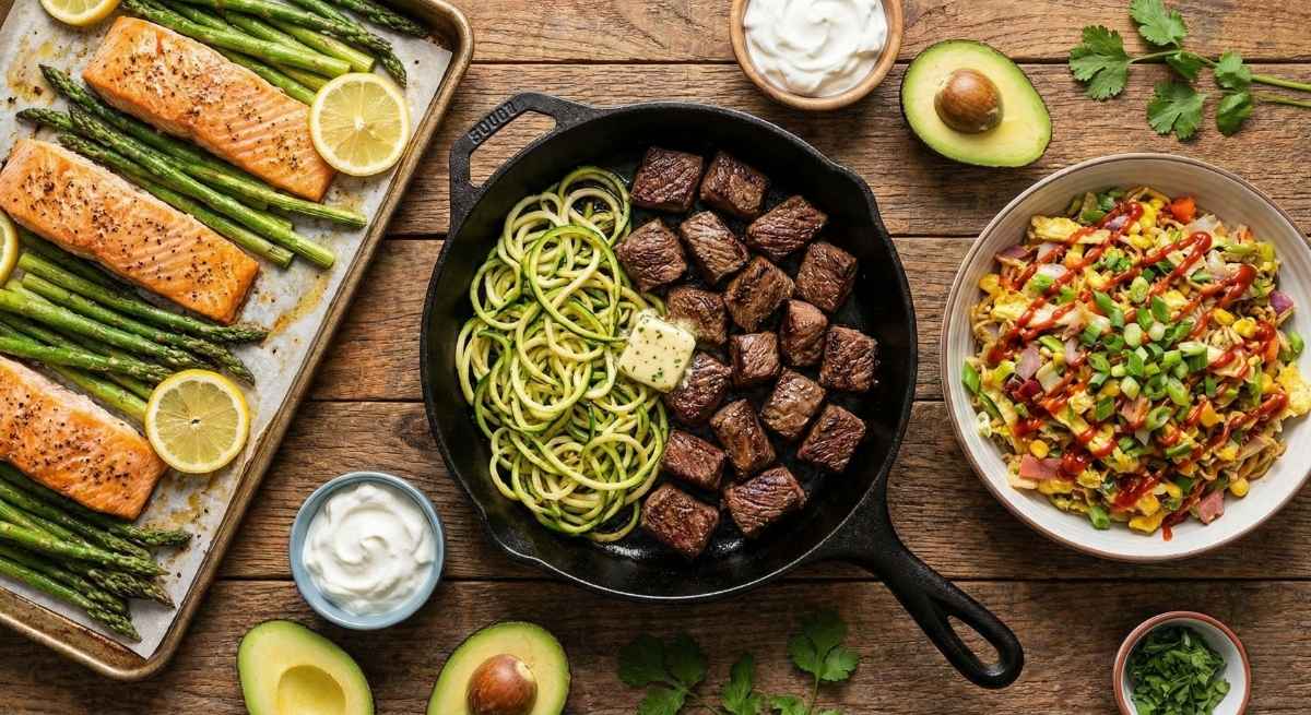Flat lay of high protein low-carb dinner recipes featuring sheet pan salmon with asparagus, skillet steak bites with zucchini noodles, and an egg roll in a bowl.