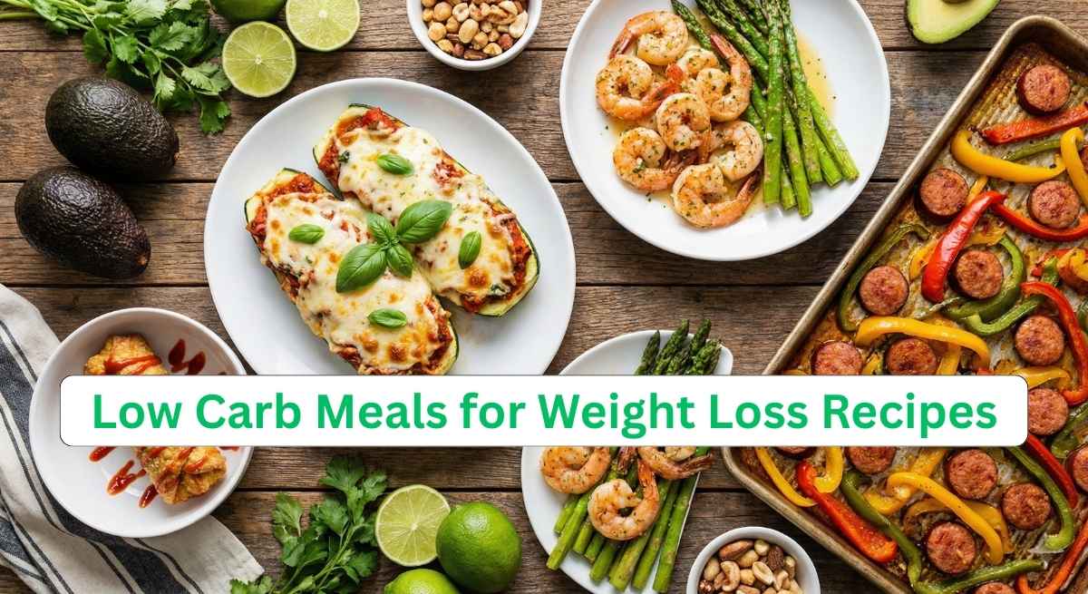 A top-down view of various healthy low-carb meals including zucchini lasagna boats, shrimp and asparagus, and a sausage and pepper bake, all laid out on a wooden table with fresh ingredients like avocados and limes.